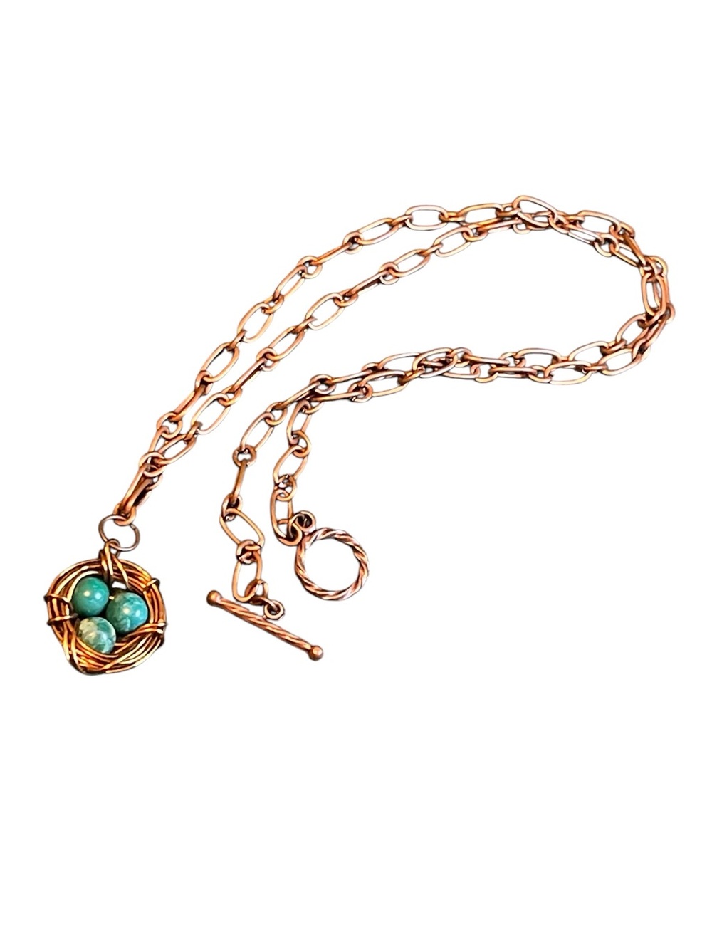 Handcrafted Wire Wrapped Turquoise Beaded Egg Bird’s Nest Pendant Necklace